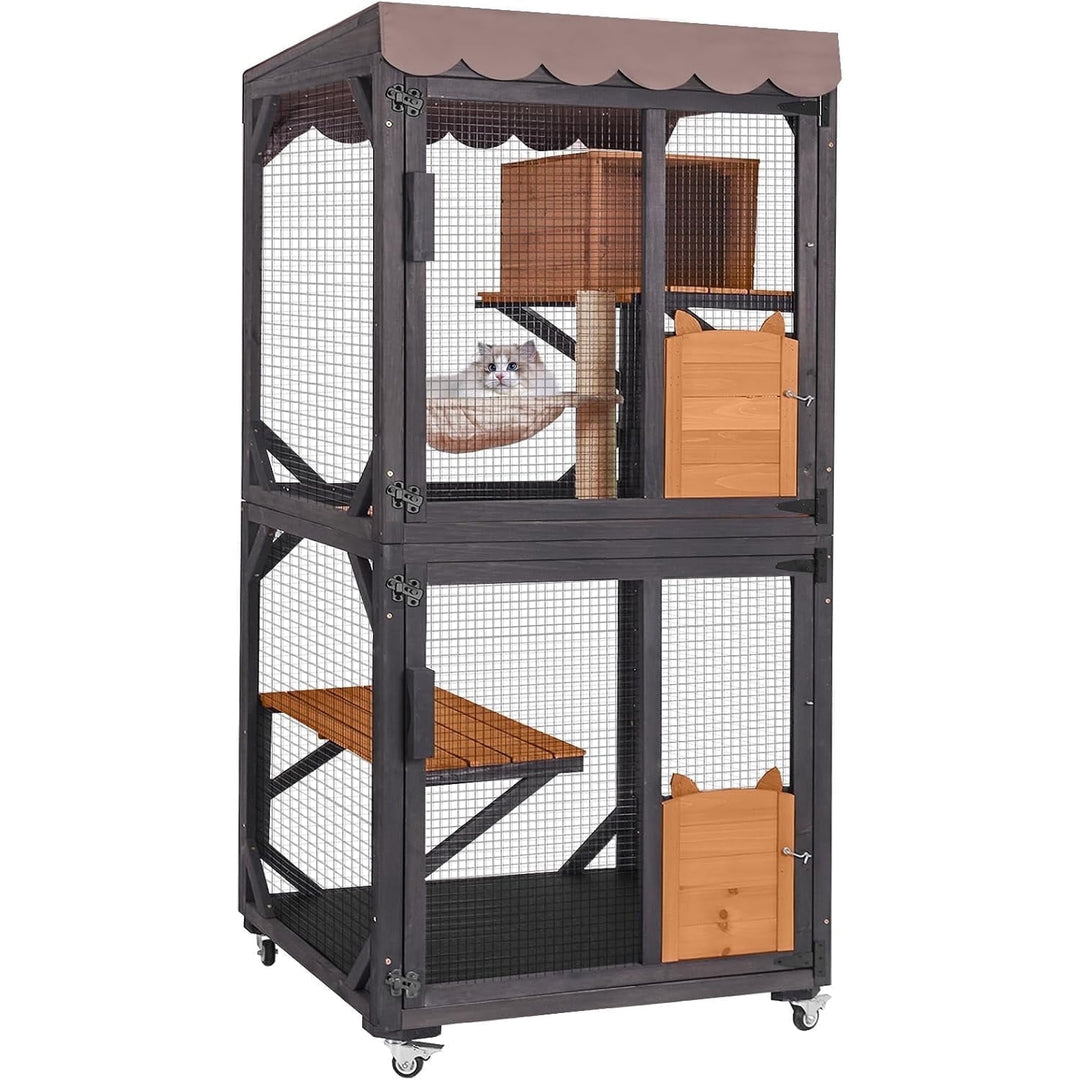 MEDEHOO Catio Outdoor Cat Enclosure Mobile Cat House Indoor On Wheels with Scratch Post,Hammock,Resting Box,Platform,Tarp Roof 71.9" AIR7014-N-WM