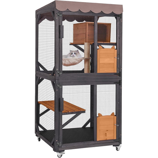 MEDEHOO Catio Outdoor Cat Enclosure Mobile Cat House Indoor On Wheels with Scratch Post,Hammock,Resting Box,Platform,Tarp Roof 71.9" AIR7014-N-WM