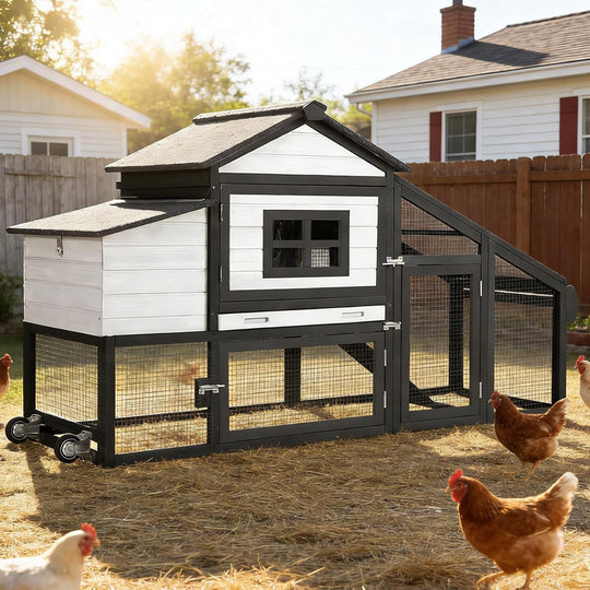 MEDEHOO Chicken Coop, Mobile Chicken House with Wheels, Outdoor Hen House Poultry Cage with Nesting Box, Leakproof Pull Out Tray and UV-Resistant Roof,Rabbit Hutch Duck Coop (White &amp; Black)