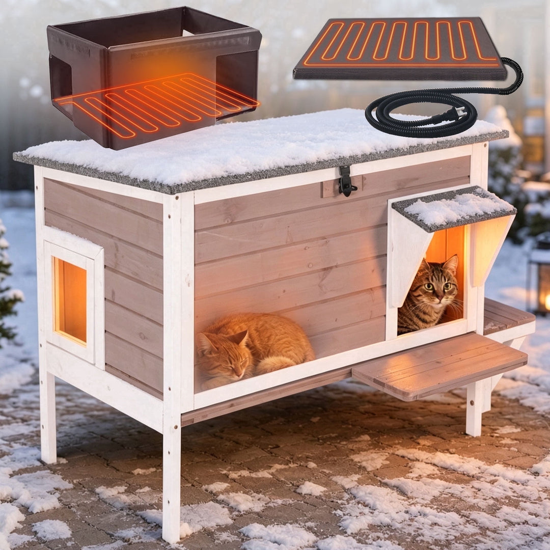 MEDEHOO Heated Outdoor Cat House, Insulated Wooden Feral Shelter with 8-Layer Heating Pad &amp; Weatherproof Asphalt Roof, Dual Escape Doors AIR91-B-HP-PA-WM