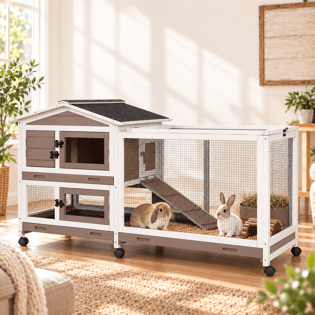 MEDEHOO 61" 2-Story Outdoor Rabbit Hutch on 6 Wheels, Large Wooden Bunny Cage with 3 Deep Front and Back Pull-Out Plastic Trays, Weatherproof Guinea Pig House, Gray AIR19-G-GE-WM2