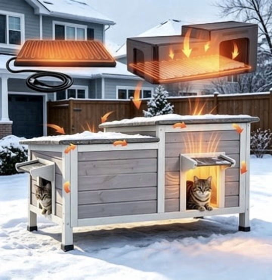 MEDEHOO Heated Cat House Outdoor Feral Kitty Shelter with Insulated &amp; Heated Liner Weatherproof Roof Cat Home for Winter,Roomly