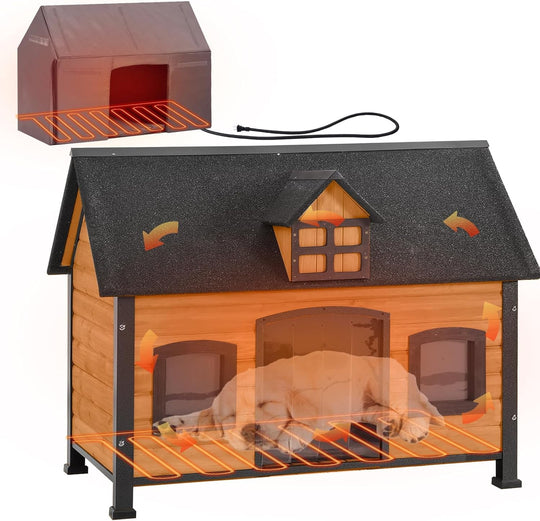 MEDEHOO Heated Dog House with Insulated Liner Wooden Anti-Chewing Metal Frame Dog Kennel