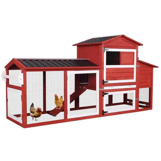 MEDEHOO 80" Mobile Chicken Coop with Wheels – Expandable Waterproof Hen House, Wooden Poultry Cage with Nesting Box &amp; Pull-Out Tray for 2-4 Chickens (Red)