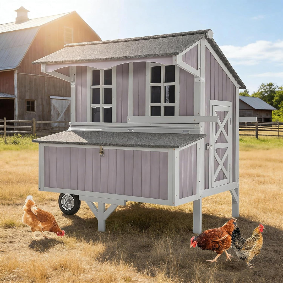 MEDEHOO Large Chicken Coop with Wheels for 6-8 Chickens, Large Outdoor Duck Coop Hen House with Weatherproof Asphalt Roof, Nesting Box, Pull-Out Tray, 51.6" L x 41" W x 51.2" H