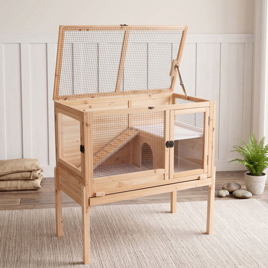 MEDEHOO Indoor Guinea Pig Cage Rabbit Cage with Chew-Resistant Edges, Leakproof Deep Tray and Detachable Legs, Wooden AIR53-OC-WFS-GE