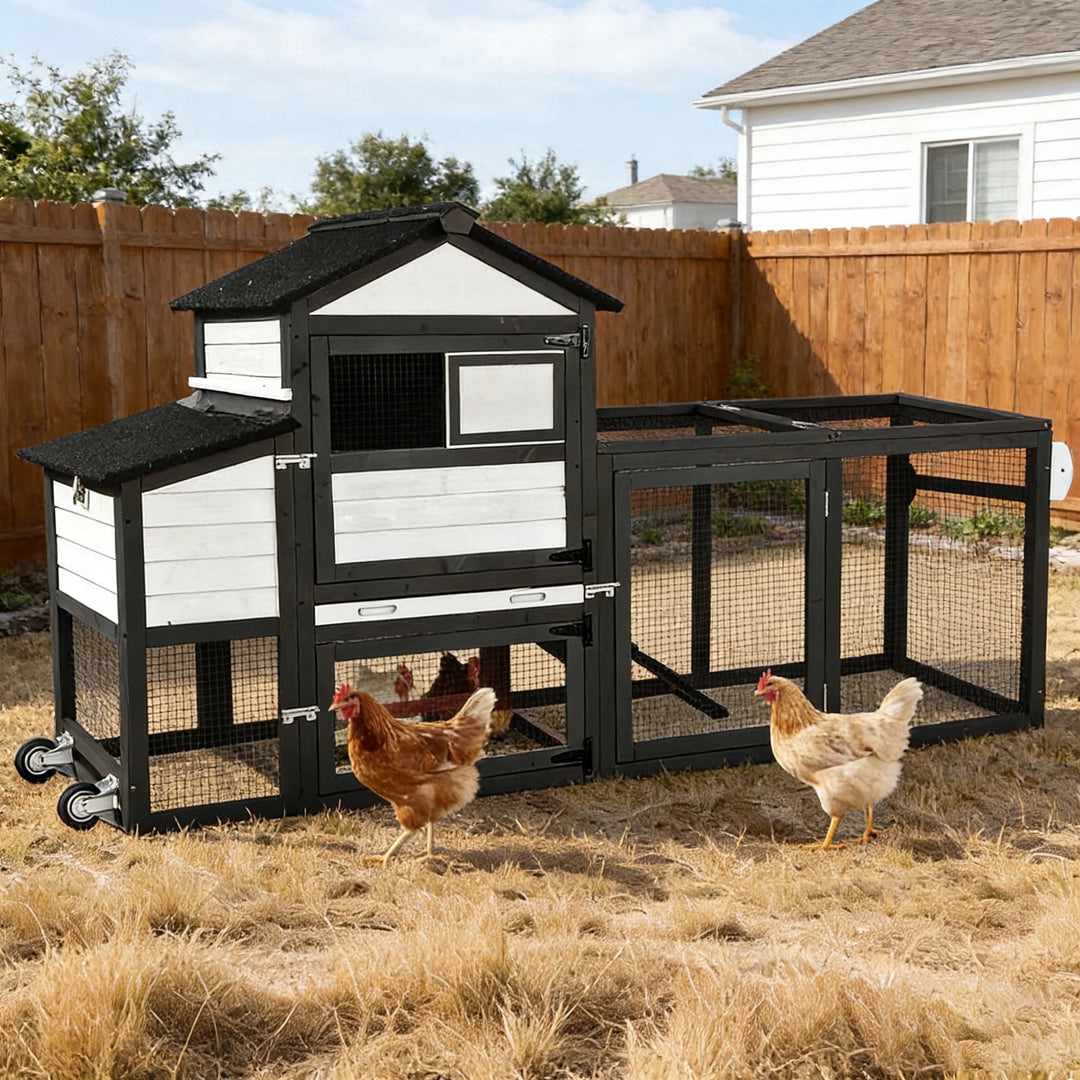 MEDEHOO Chicken Coop Expandable Mobile Chicken House for Outdoor with Wheels, Nesting Box, Leakproof Pull-on Tray and UV-Resistant Roof Panel (Black) AIR72-BW-WM
