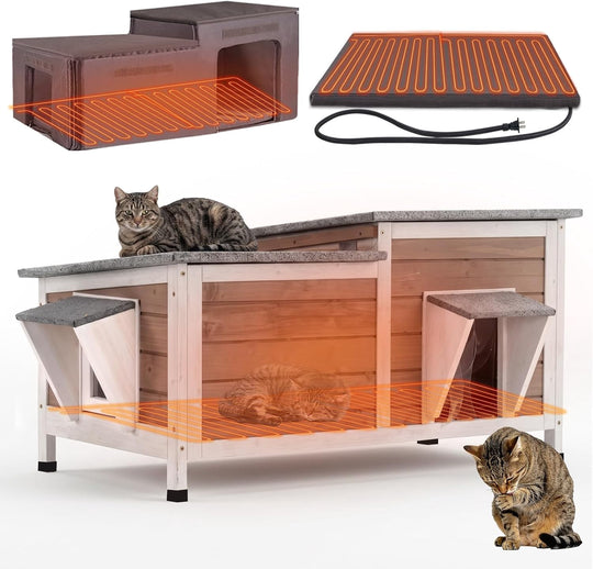 MEDEHOO Large Heated Outdoor Cat House for Multiple Cats 6-Sided All-Around Insulated Liner, 8-Layer Protection Heating Pad&amp;Liner, Escape Doors, Weatherproof Wood Shelter for Winter AIR93-B-HP-PA-WM2