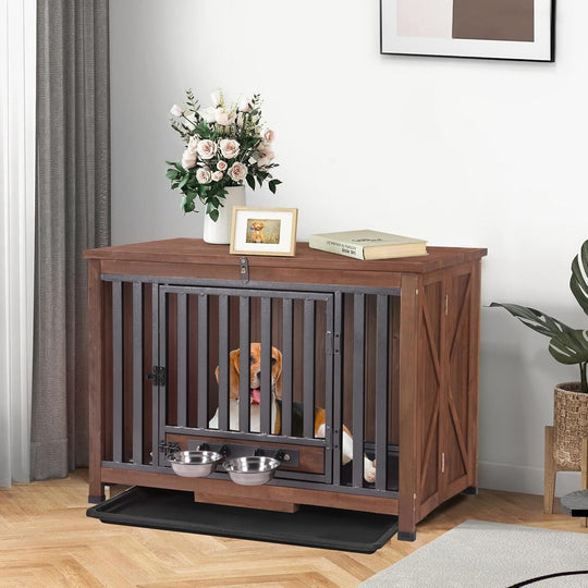 MEDEHOO Dog Crate Furniture, Foldable Wooden Dog Kennel Furniture with 360° Rotating Feeding Bowls, Iron Frame Dog Crate with Deepened Sliding Tray , 39.4" L Brown