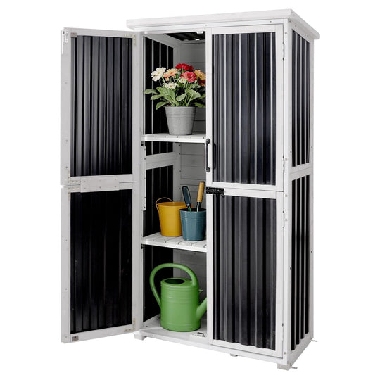 MEDEHOO Outdoor Storage Cabinet with Adjustable Shelves, Metal Frame, Waterproof Storage Shed with Floor for Garden Tools, Black