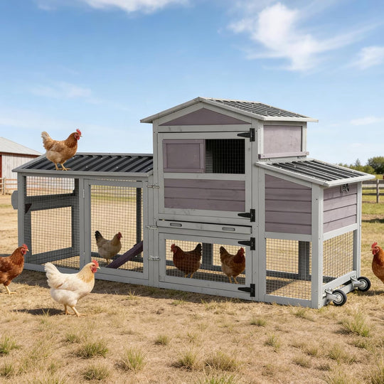 MEDEHOO Large Chicken Coop with Wheels for 4-6 Chickens 81"L Weatherproof Duck House with Nesting Box Mobile Hen House with Run Leakproof Tray Grey