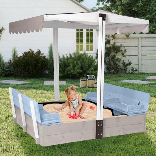 MEDEHOO Sandbox with Lid and Cover, Kids Outdoor Sandbox with 360° Adjustable &amp; Waterproof Canopy, Sand Leak-Proof Liner, Sturdy Backyard Sandbox for Garden/Patio - Blue GUT05-B-4-AD-WM