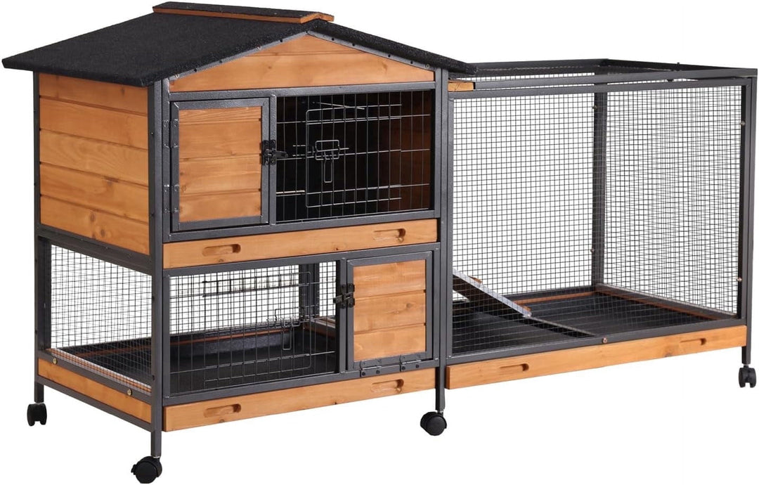 MEDEHOO 2-Story Rabbit Hutch with Chew-Proof Full Metal Frame for Indoor/Outdoor - 62" Bunny Cage with 6 Locking Casters &amp; 2 Pull-Out Trays for Rabbits, Guinea Pigs, Small Pets (Brown)