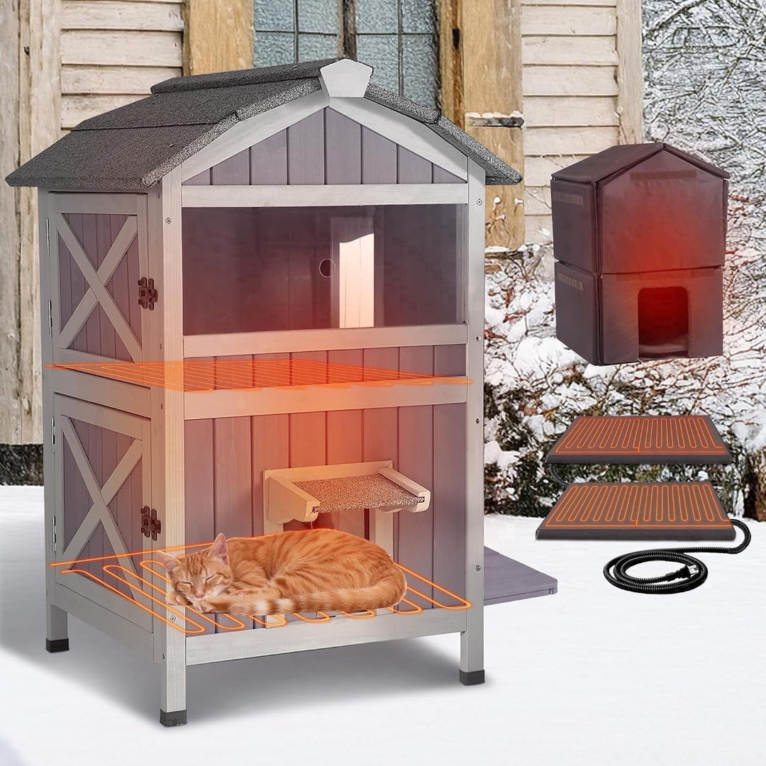MEDEHOO 2-Story Outdoor Cat House Large Weatherproof Feral Cat Shelter Wooden Elevated Kitty Condo with Openable Roof, 2 Large Side Doors, Acrylic Window Medium Winter Ready AIR94-M-WFS-ML