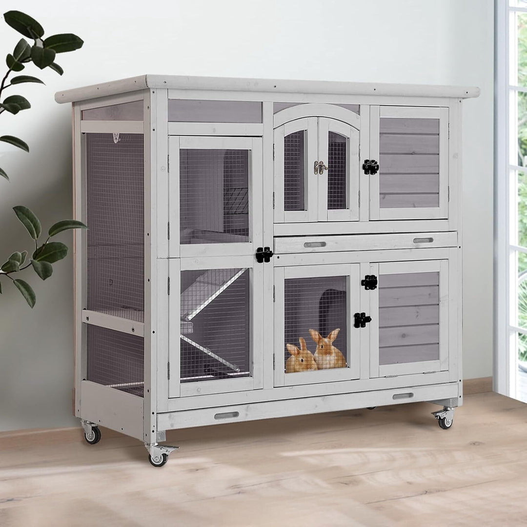 MEDEHOO Rabbit Hutch Indoor and Outdoor Bunny Cage with Wheels Hamster House Guinea Pig Cages for Small to Medium Animals Waterproof Leakproof Tray Grey AIR06-C-MC-WM