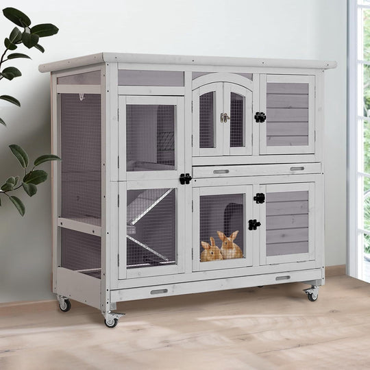 MEDEHOO Rabbit Hutch Indoor and Outdoor Bunny Cage with Wheels Hamster House Guinea Pig Cages for Small to Medium Animals Waterproof Leakproof Tray Grey AIR06-C-MC-WM