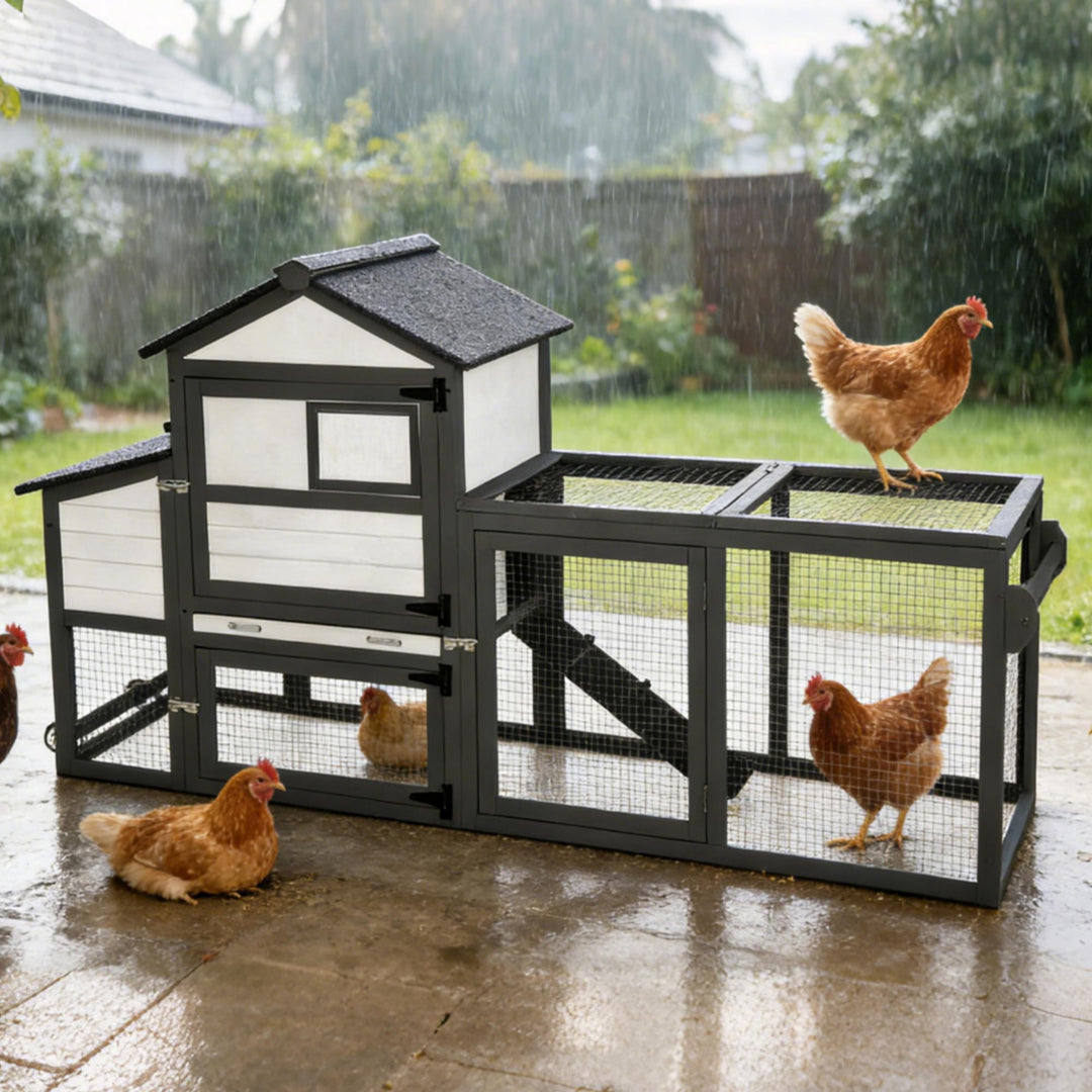 MEDEHOO 82.4" Chicken Coop with Wheels, Large Hen House with Run, Chicken Cage for 4-6 Chickens, Weatherproof Asphalt Roof, Nesting Box &amp; Pull-Out Tray (Black)