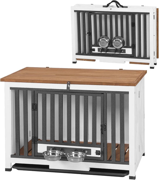 MEDEHOO Folding Dog Crate Furniture Portable Metal Dog Kennel with Dog Bowls &amp; Tray, Dog Crate for Small &amp; Medium Dogs with Opening Roof
