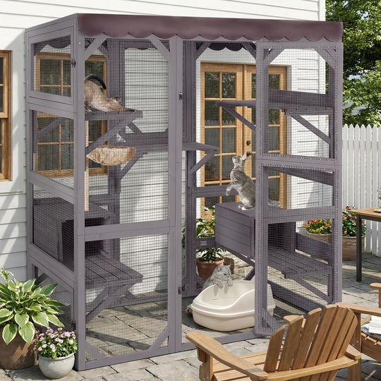 MEDEHOO Catio Outdoor Cat Enclosure - 70" Large Wooden Cat House with 5 Platforms, 2 Napping Boxes &amp; Weatherproof Asphalt Roof, Walk-in Kitty Condo for Multiple Cats