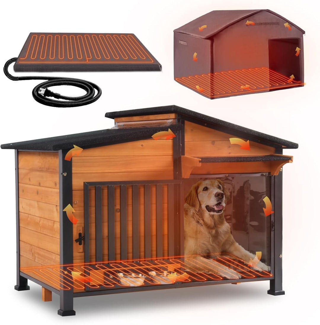 MEDEHOO Large Heated Dog House Outdoor Insulated Dog Kennel Weatherproof with Safe Heating Pad, Chew-Proof Metal Frame, Rotatable Spill-Proof Bowl for Large Dog Breeds, 39.7" L x 25.5" W x32.2 H