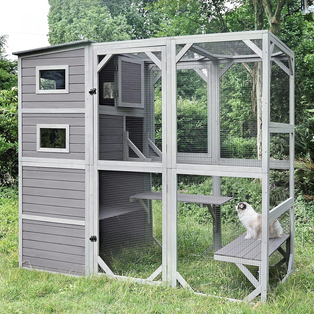 AivituCatio Outdoor Cat Enclosure - 77 Inch Large Cat Kennel Kitten Cage for Multiple Indoor Outdoor Cats Outside Patio, Insulated Feral Cat Shelter with Platforms, Window, Waterproof Roof and Houses