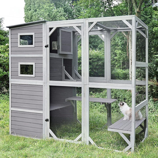 AivituCatio Outdoor Cat Enclosure - 77 Inch Large Cat Kennel Kitten Cage for Multiple Indoor Outdoor Cats Outside Patio, Insulated Feral Cat Shelter with Platforms, Window, Waterproof Roof and Houses