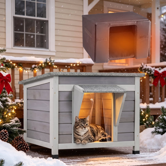 MEDEHOO Outdoor Cat House with Insulated Liner Weatherproof Insulated Feral Cat Shelter for Outdoor Cats Winter Gray