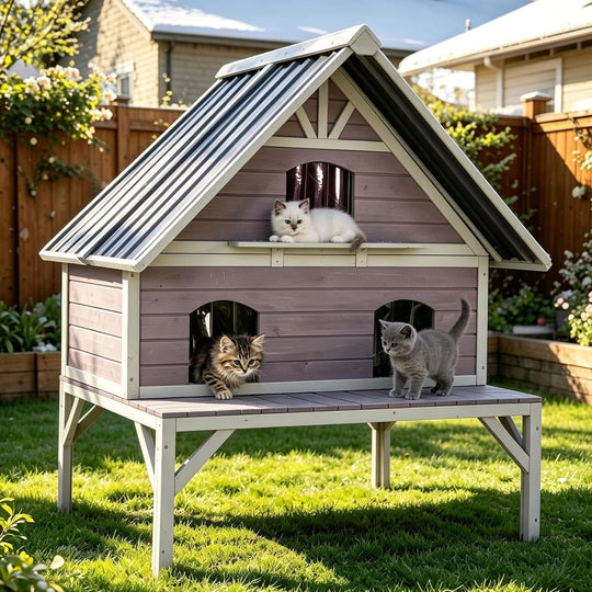 MEDEHOO Outdoor Cat House Weatherproof Large Feral Cat Shelter with 2-Layer, Wooden Cat Condo with Balcony, Escape Doors and Openable Back Door for Multiple Cats Indoor