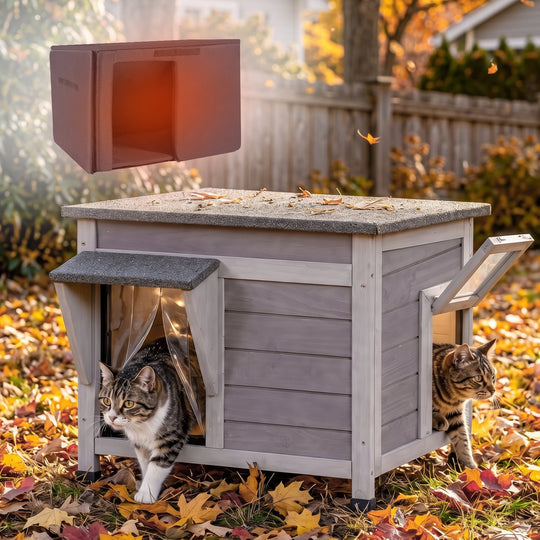 MEDEHOO Outdoor Cat House with Insulated Liner Extra Side Escape Door Weatherproof Roof Feral Cat Shelter for Winter Outside Light Gray AIR12-G-IN-WFS-ML