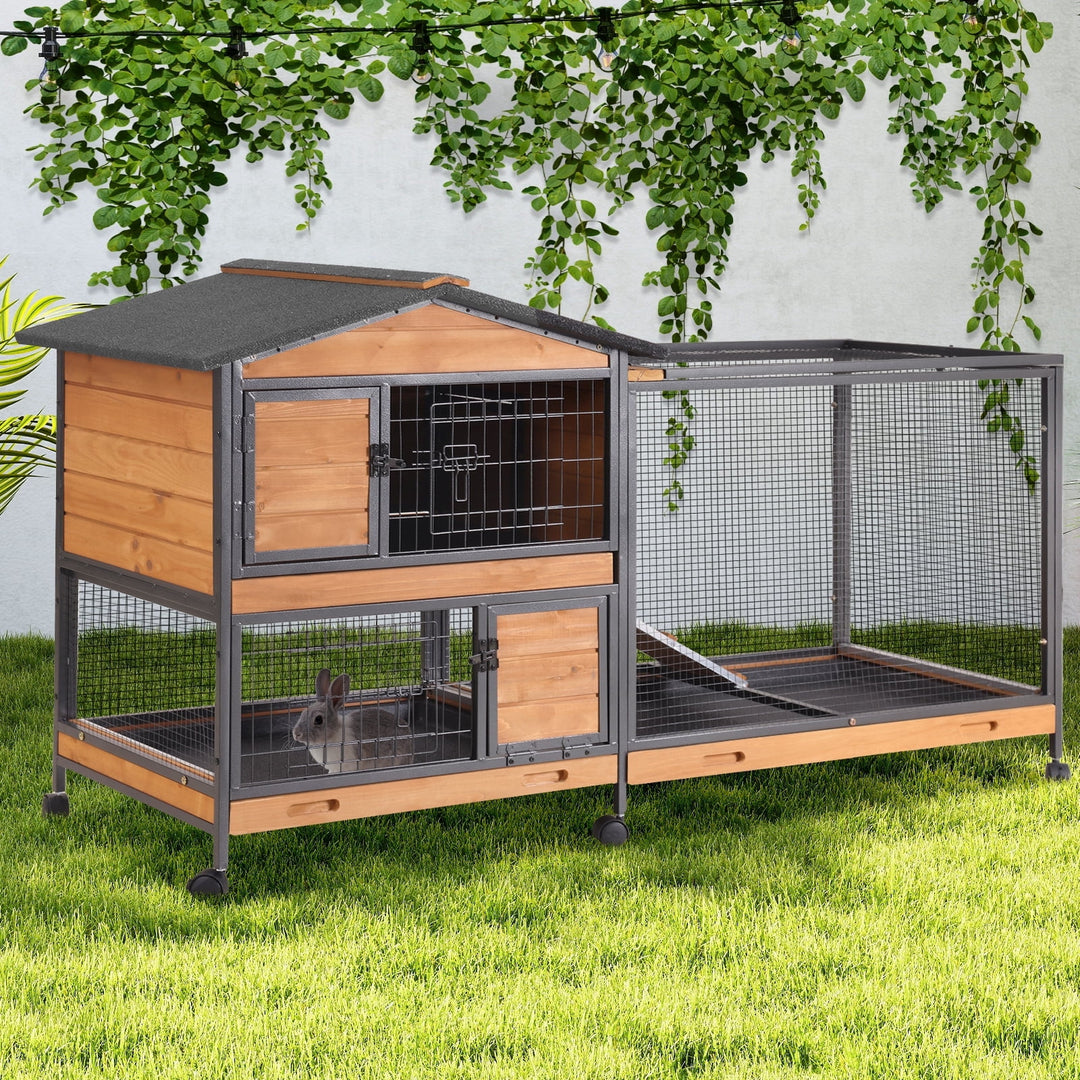 MEDEHOO 62" Heavy-Duty Rabbit Hutch with Full Iron Frame, 2-Story Indoor &amp; Outdoor Bunny Cage with Wheels and Pull-Out Tray, Orange