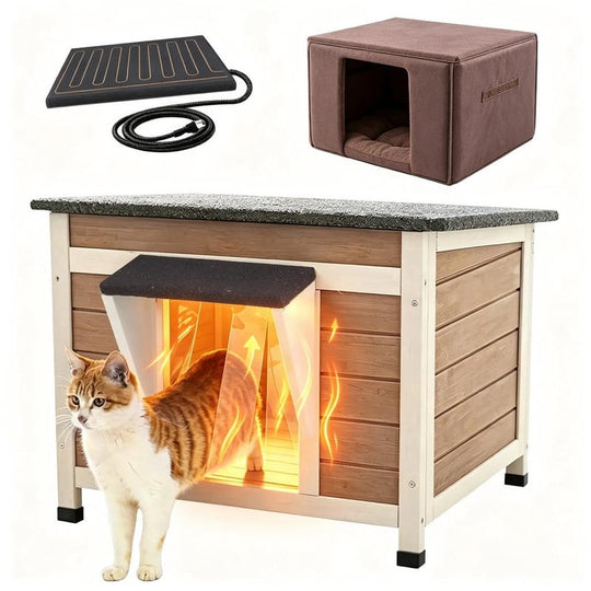 MEDEHOO Outdoor Heated Cat House with Heated Pad &amp; Insulated Liner, Weatherproof Insulated Feral Cat Shelter for Winter, Brown