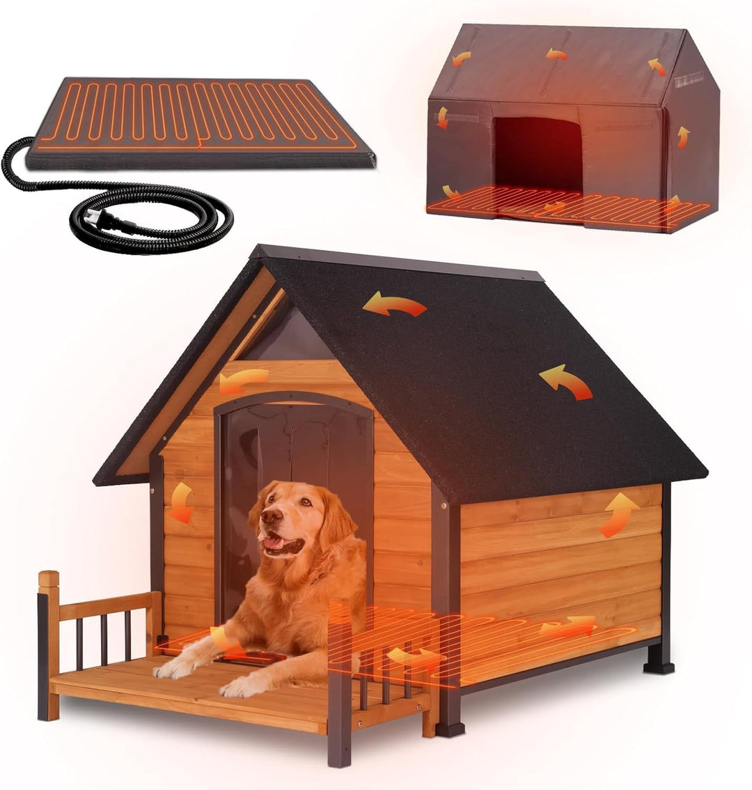 MEDEHOO Heated Dog House Outdoor 50.9" Large Dog Kennel with Metal Frame Insulated Indoor Dog Cage for Small Medium Large Dogs with Heater and Insulated Liner