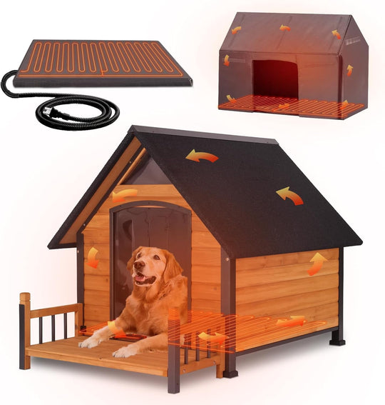 MEDEHOO Heated Dog House Outdoor 50.9" Large Dog Kennel with Metal Frame Insulated Indoor Dog Cage for Small Medium Large Dogs with Heater and Insulated Liner