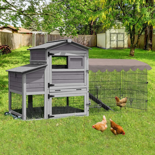 MEDEHOO Large Metal Chicken Coop Run with Mobile, 79.1in Poultry Cage with Waterproof&amp;Anti-UV Cover, Outdoor Chicken Pen for 4-6 Chickens, Ducks AIR7008-G-MA-WM