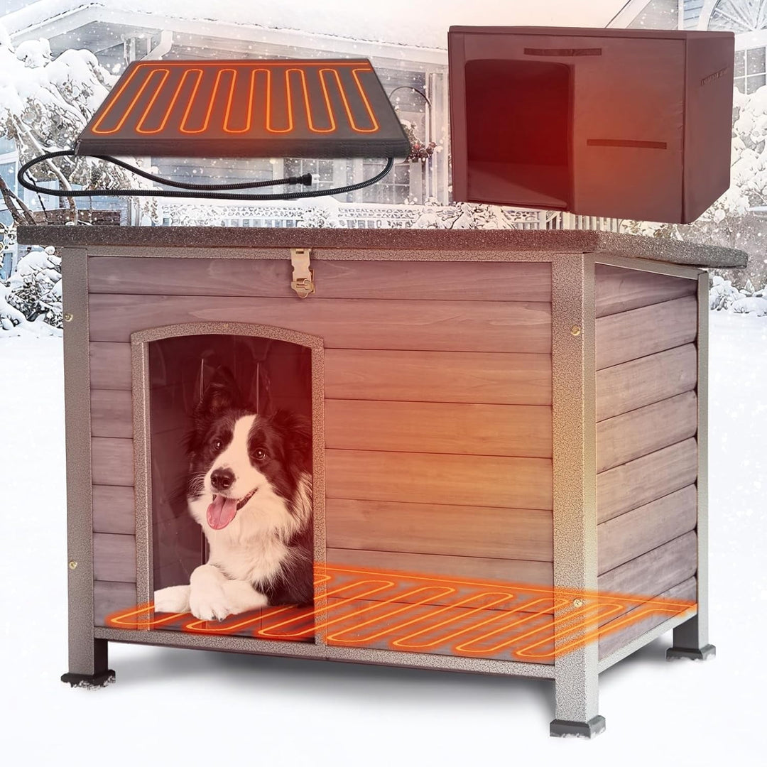 MEDEHOO 33.3’’ Heated Outdoor Dog House Weatherproof Insulated Dog Kennel with Metal Frame, Dog Shelter with Heating Pad, 6-Sided Insulated Liner and PVC Door Curtain for Winter (Grey)