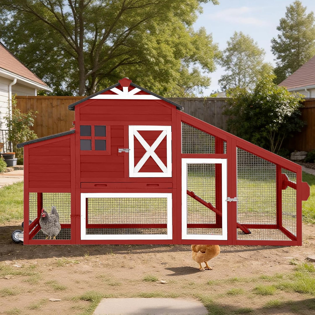 MEDEHOO Chicken Coop Mobile Chicken House on Wheels, Rabbit Hutch Bunny Cage Expandable Wooden Poultry Cage with Large Nesting Box Leakproof Pull-Out Tray,UV-Resistant Roof (Red) KAIR32-R-WM
