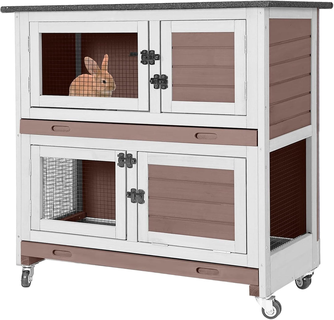 MEDEHOO 2-Story Rabbit Hutch Indoor Bunny Cage Wooden Guinea Pig House with Chew-Proof Ramp, Leakproof Slide-Out Trays, Lockable Caster Wheels for 1-3 Rabbits (Brown) AIR77WZ-MA4-WM