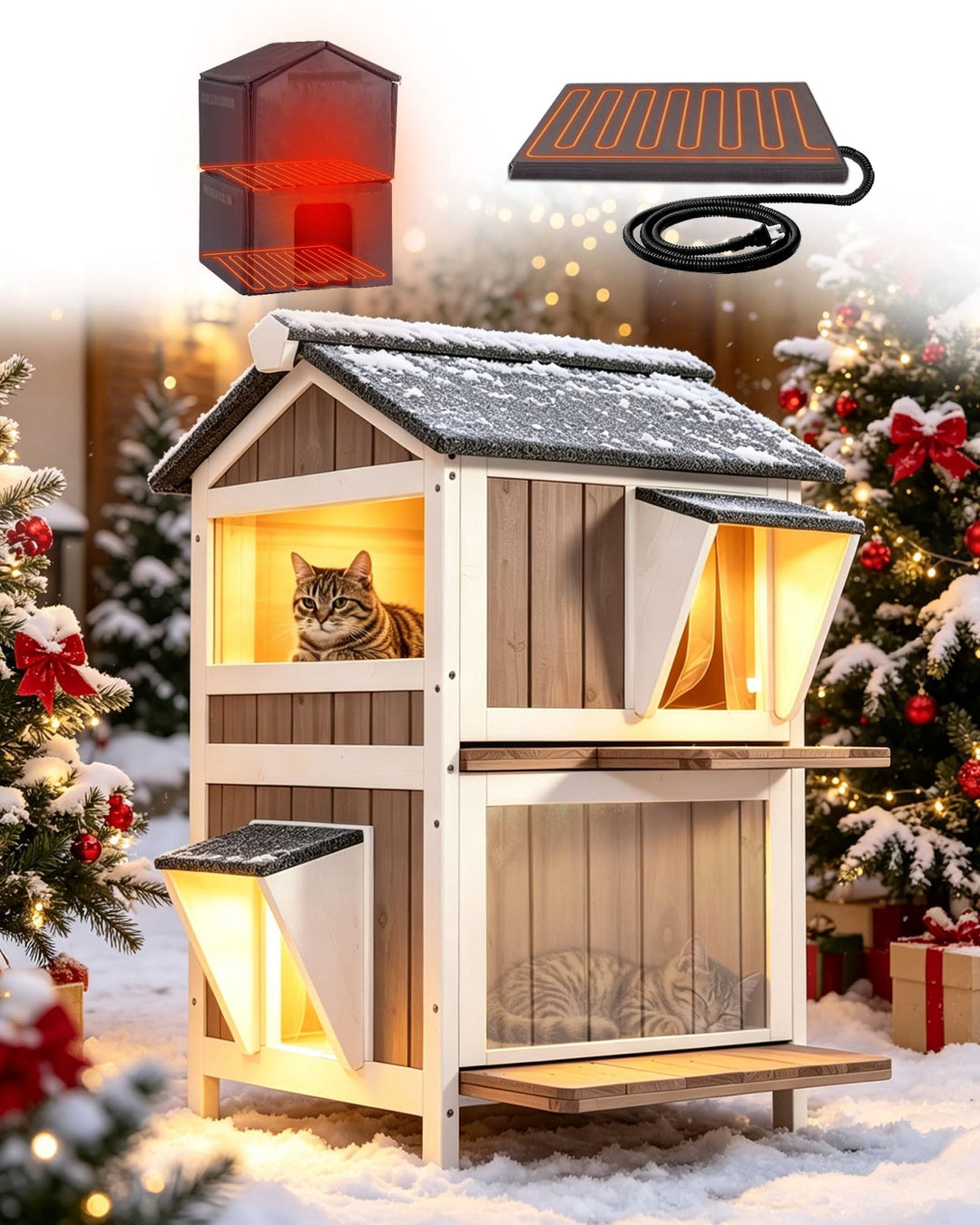 MEDEHOO Heated Insulated Outdoor Cat House for 1-2 Cats, Waterproof Feral Cat Shelter with Washable Liner, Heating Pad &amp; 2 Doors
