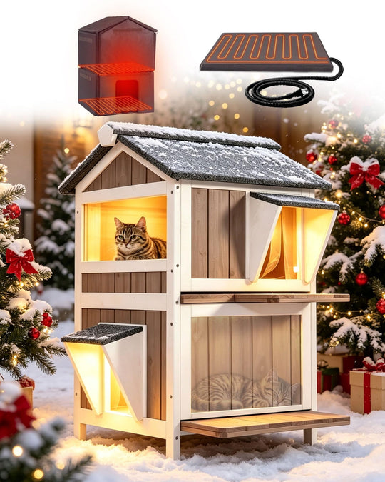 MEDEHOO Heated Insulated Outdoor Cat House for 1-2 Cats, Waterproof Feral Cat Shelter with Washable Liner, Heating Pad &amp; 2 Doors