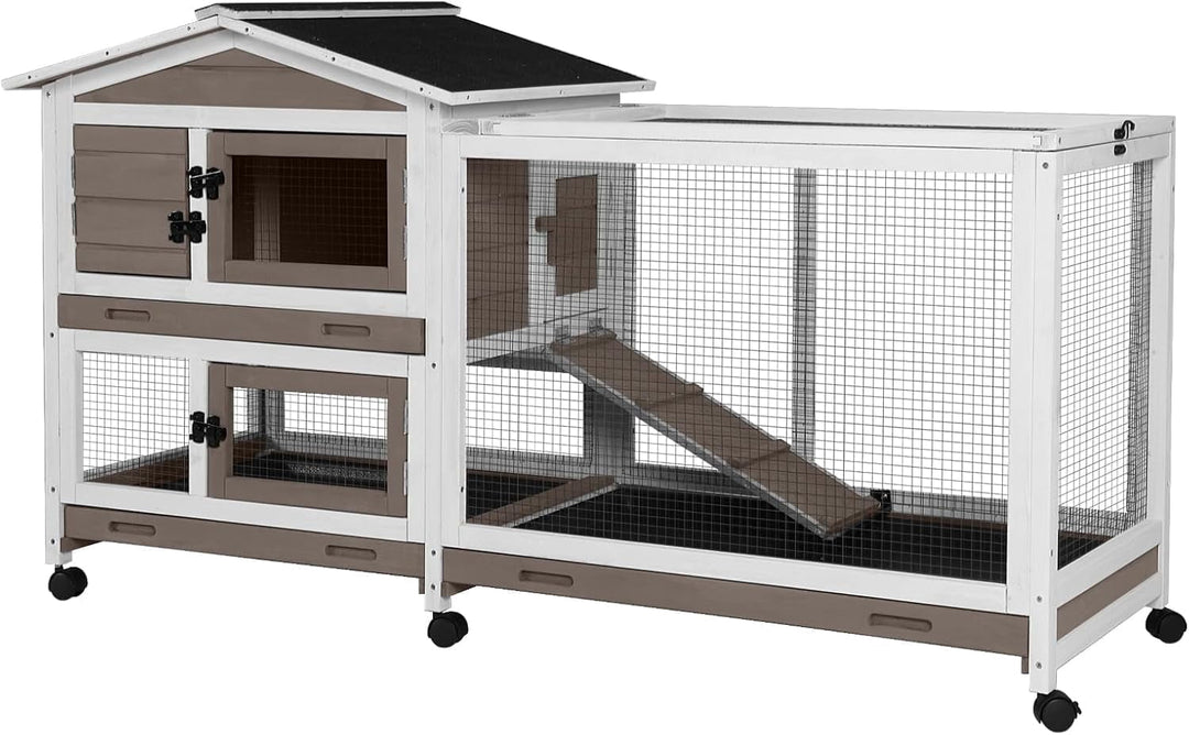 MEDEHOO Rabbit Hutch Wooden Bunny Cage Indoor Outdoor Guinea Pig Cage on Wheels Large AIR19-B-WM