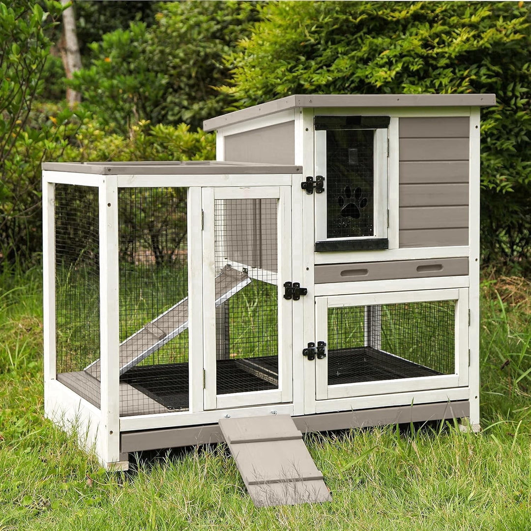 MEDEHOO Large Rabbit Hutch with Removable Wire Netting, 2 Deep Trays, 4 Wheels, Sliding Door, and Extra Access Door - Mocca Color AIR36-BS-WM