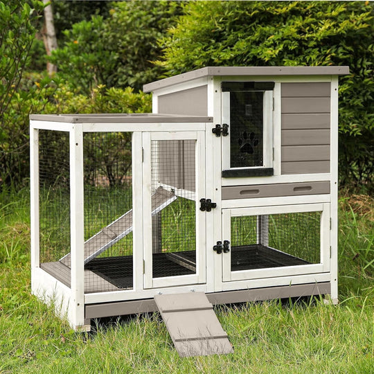 MEDEHOO Large Rabbit Hutch with Removable Wire Netting, 2 Deep Trays, 4 Wheels, Sliding Door, and Extra Access Door - Mocca Color AIR36-BS-WM