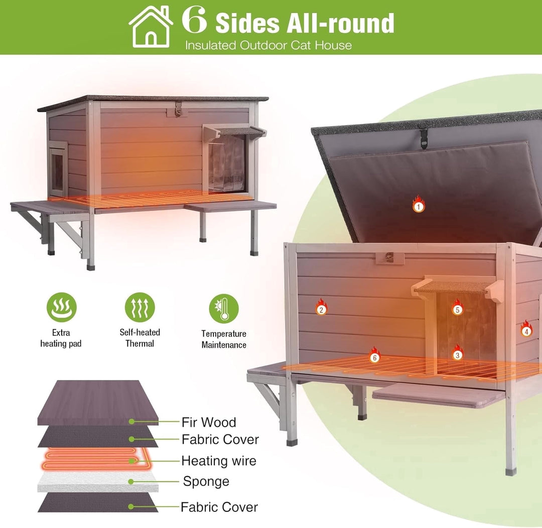 MEDEHOO Heated Cat House for Outside Insulated Outdoor Cat House Weatherproof Feral Cat Shelter with Cat Heated Pad, All-Round Thermal Liner, Secure Escape Doors for 1-3 Cats