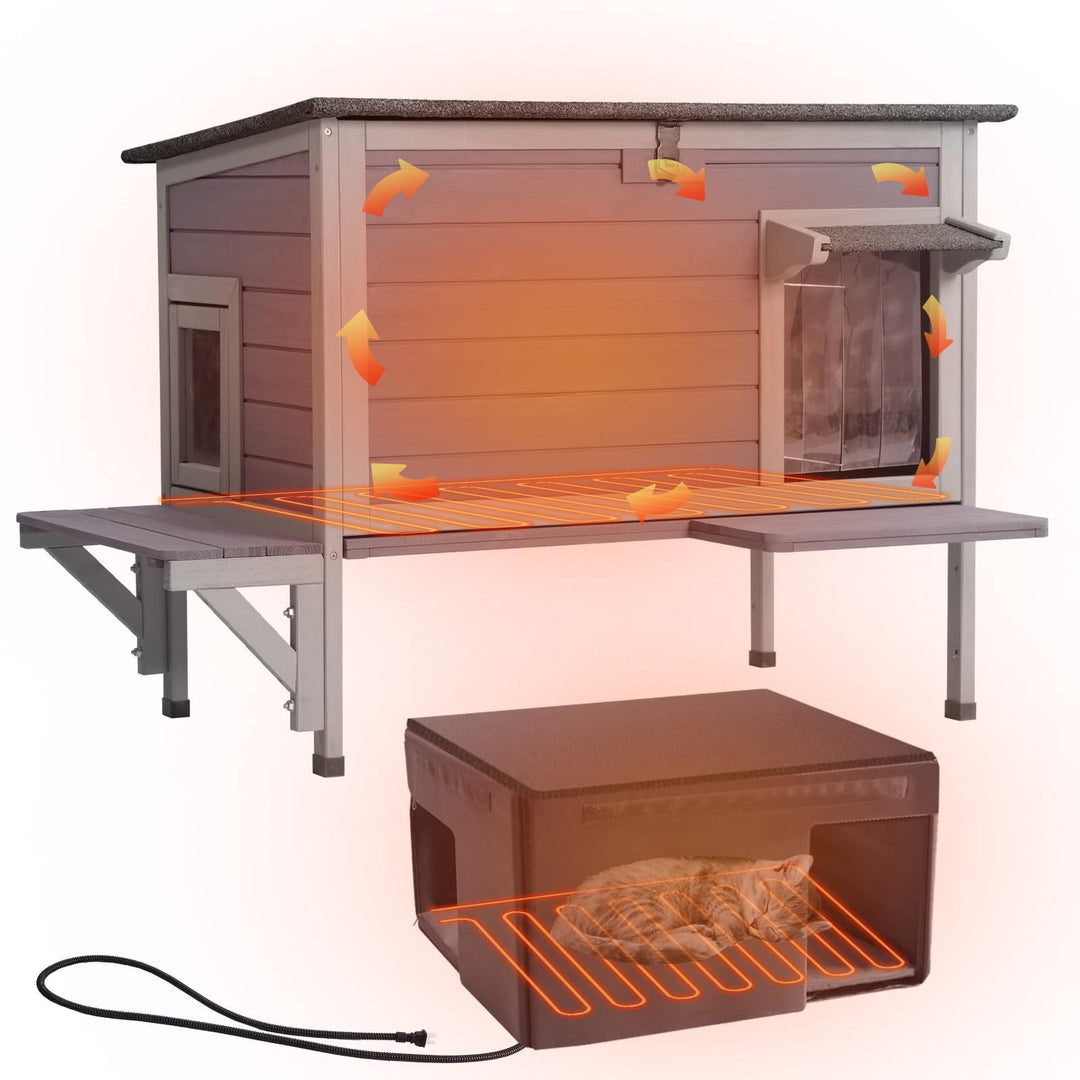 MEDEHOO Heated Cat House for Outside Cats Winter, 100% Waterproof Insulated Outdoor Cat Shelter with Heater &amp; Insulated Liner AIR91-IN-HPS-WM