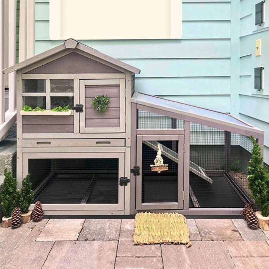MEDEHOO Wooden Rabbit Hutch - Outdoor/Indoor Bunny Cage with Run, Pull-Out Upper Tray, 51.6"L x 25.2"W x 36.2"H, Grey AIR13-N