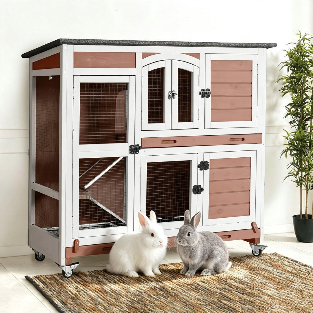 MEDEHOO 47" Two Story Rabbit Hutch with Wheels, Indoor Outdoor Rabbit Cage with Wheels &amp; Leak-Proof Trays for Rabbits, Guinea Pigs(Brown) AIR06-D-E-WM