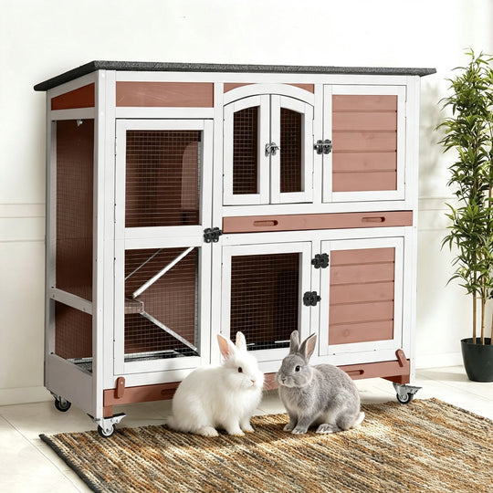 MEDEHOO 47" Two Story Rabbit Hutch with Wheels, Indoor Outdoor Rabbit Cage with Wheels &amp; Leak-Proof Trays for Rabbits, Guinea Pigs(Brown) AIR06-D-E-WM