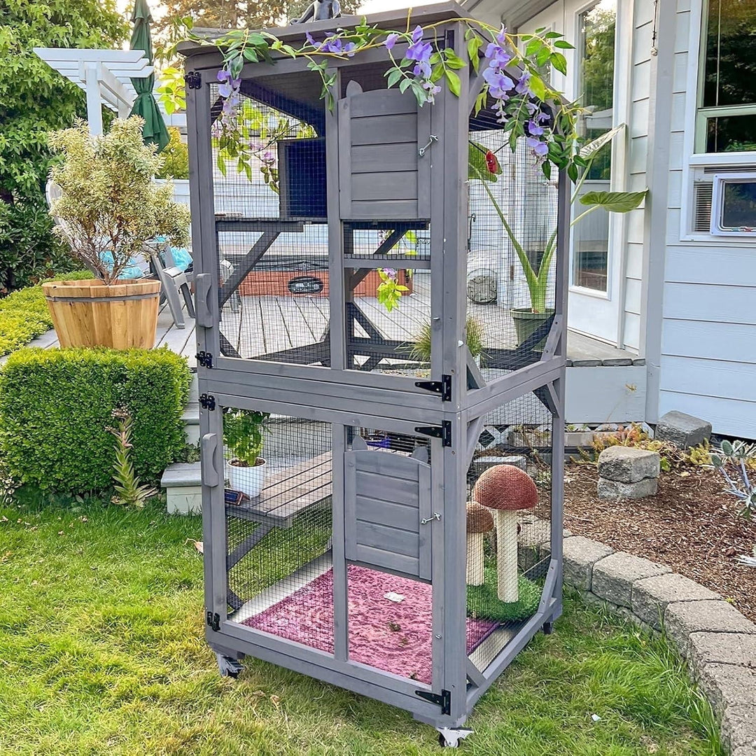 MEDEHOO 71 " Outdoor Catio Cat Enclosure , Kitty House Indoor with Perches and Condos Large Cat Shelter -Waterproof Catio Shelter with Wheels SKY22