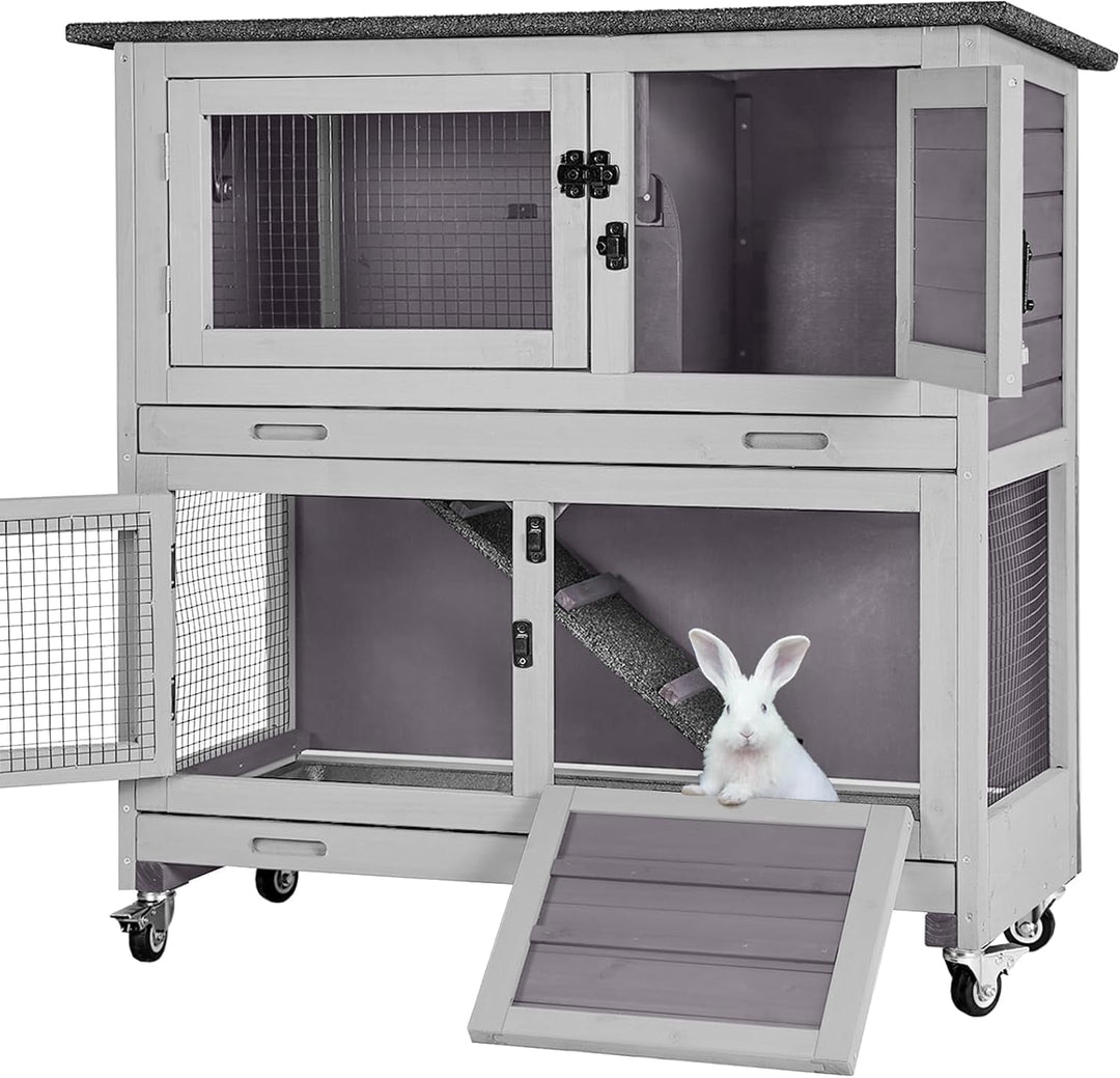 MEDEHOO Rabbit Hutch Indoor, 36'' Bunny Hutch Outdoor, Mobile Rabbit Cage with Wheels, 2-Story Bunny Cage with 2 Pull Out Trays, Wooden Guinea Pig Cage (Grey)