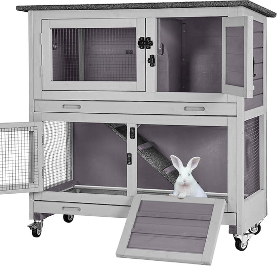 MEDEHOO Rabbit Hutch Indoor, 36'' Bunny Hutch Outdoor, Mobile Rabbit Cage with Wheels, 2-Story Bunny Cage with 2 Pull Out Trays, Wooden Guinea Pig Cage (Grey)